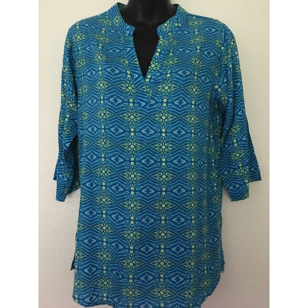 ESCAPADA BLUE GEOMETRIC PRINT SIZE S MOROCCAN STYLE 3/4-SLEEVE RESORT TUNIC